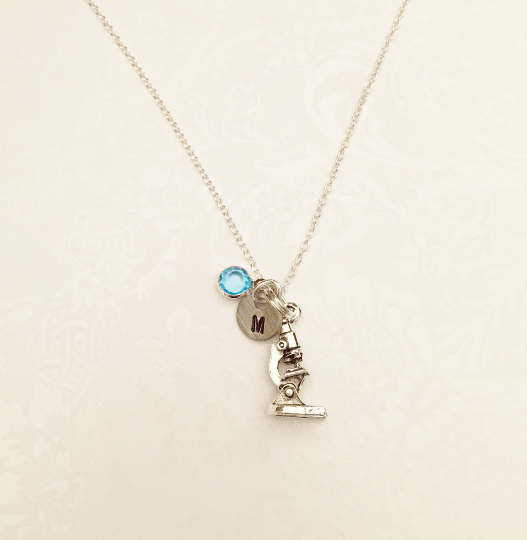 Microscope Necklace with Swarovski Birthstone & Initial - Anomaly Creations & Designs