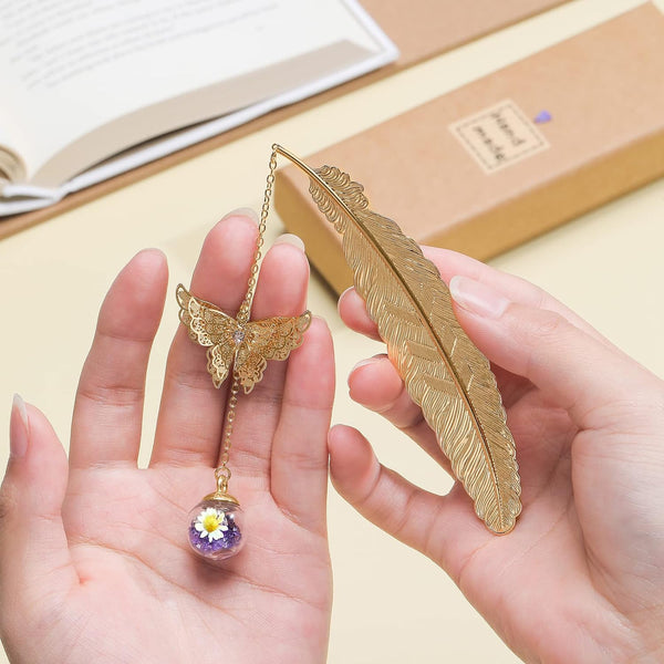 Metal Feather Bookmark with Butterfly and White Flower