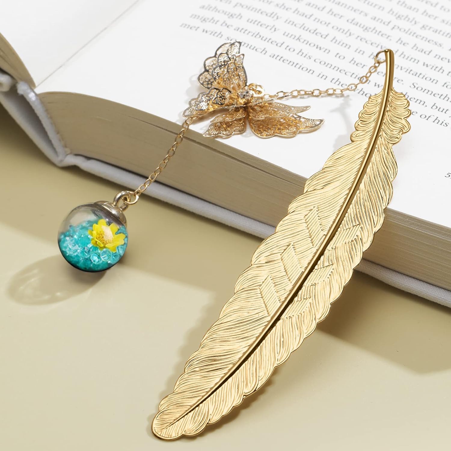 Metal Feather Bookmark with Butterfly and Yellow Flower