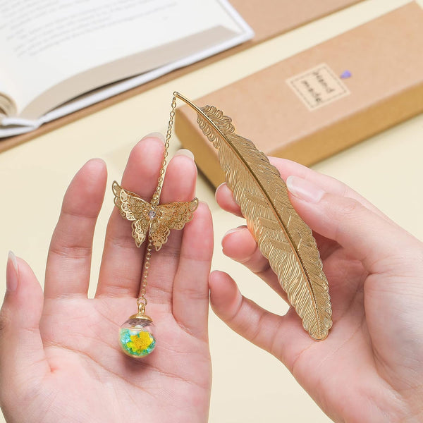 Metal Feather Bookmark with Butterfly and Yellow Flower