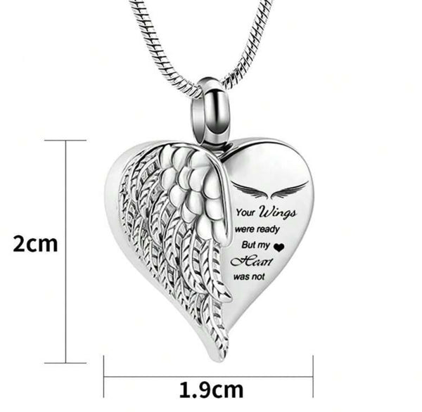 Cremation Angel Wing Heart Urn Necklace (Your wings were ready but my heart was not)