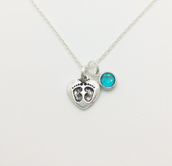 Baby Foot Prints Necklace Personalized with Swarovski Birthstone - Anomaly Creations & Designs