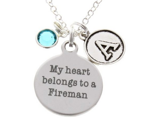 My Heart belongs to a Fireman Necklace (with Birthstone & Initial)