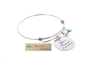 Handwriting Bangle Bracelet (Swarovski Birthstone & Love Charm)