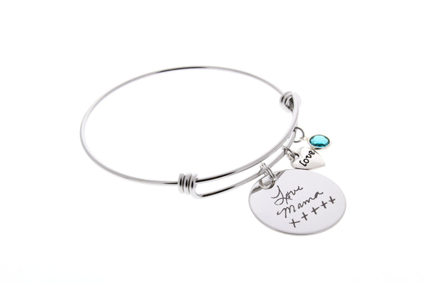 Handwriting Bangle Bracelet (Swarovski Birthstone & Love Charm)